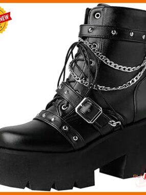 Chunky Platform Ankle Boots Lace Up High Heel Motorcycle Boots with Chain